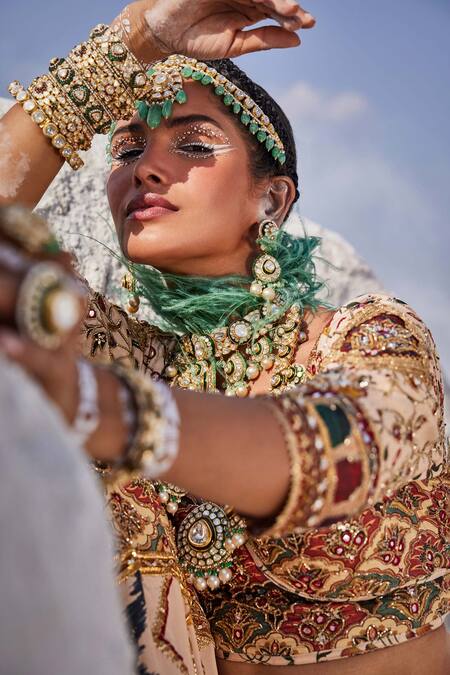 Buy The Royaleum Beige Silk, Crepe Beads, Sequins, Embroidery Round Neck Bridal Lehenga Set Online at Aza Fashions Buy_The Royaleum_Beige Silk, Crepe Beads, Sequins, Embroidery Round Neck Bridal Lehenga Set _Online_at_Aza_Fashions