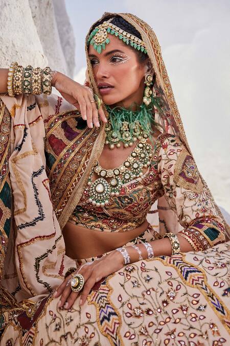The Royaleum Beige Silk, Crepe Beads, Sequins, Embroidery Round Neck Bridal Lehenga Set at Aza Fashions The Royaleum_Beige Silk, Crepe Beads, Sequins, Embroidery Round Neck Bridal Lehenga Set _at_Aza_Fashions