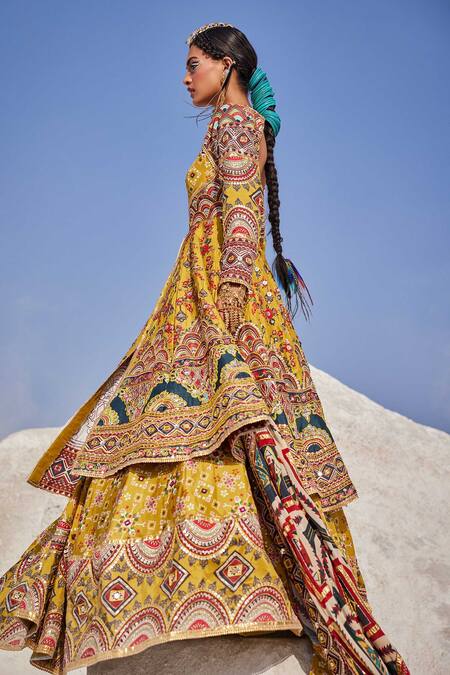 Buy_The Royaleum_Yellow Silk, Crepe Gota Patti, Beads, Embroidery Hand Kurta Bridal Lehenga Set _Online_at_Aza_Fashions
