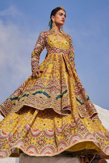 Shop_The Royaleum_Yellow Silk, Crepe Gota Patti, Beads, Embroidery Hand Kurta Bridal Lehenga Set _Online_at_Aza_Fashions