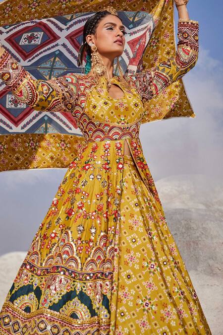 The Royaleum_Yellow Silk, Crepe Gota Patti, Beads, Embroidery Hand Kurta Bridal Lehenga Set _at_Aza_Fashions