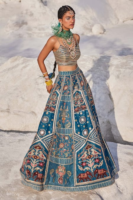 The Royaleum_Multi Color Silk, Crepe Beads, Stones Hand Embroidered Blouse Bridal Lehenga Set _Online_at_Aza_Fashions