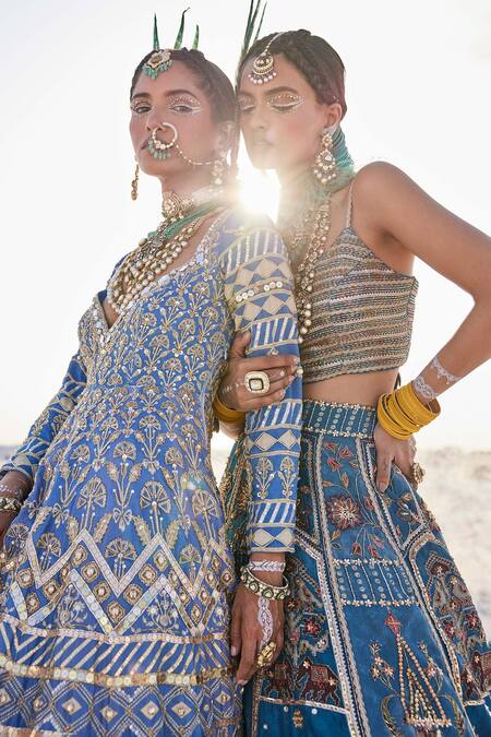 The Royaleum_Blue Silk, Organza Sequins, Embroidery V-neck Patola Anarkali With Dupatta _Online_at_Aza_Fashions