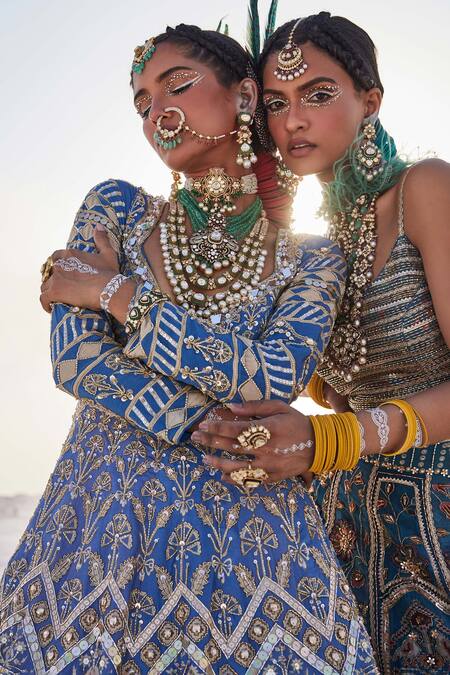 Buy_The Royaleum_Blue Silk, Organza Sequins, Embroidery V-neck Patola Anarkali With Dupatta _Online_at_Aza_Fashions