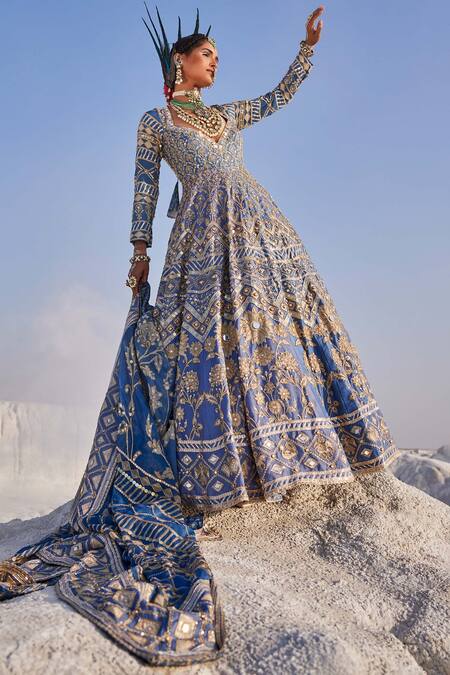 Shop_The Royaleum_Blue Silk, Organza Sequins, Embroidery V-neck Patola Anarkali With Dupatta _Online_at_Aza_Fashions