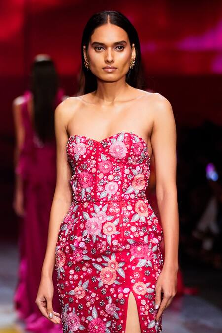 Nachiket Barve_Magenta Organza, Tussar Beads, Sequins Sweetheart Neck Moonflower Corset Gown _Online_at_Aza_Fashions