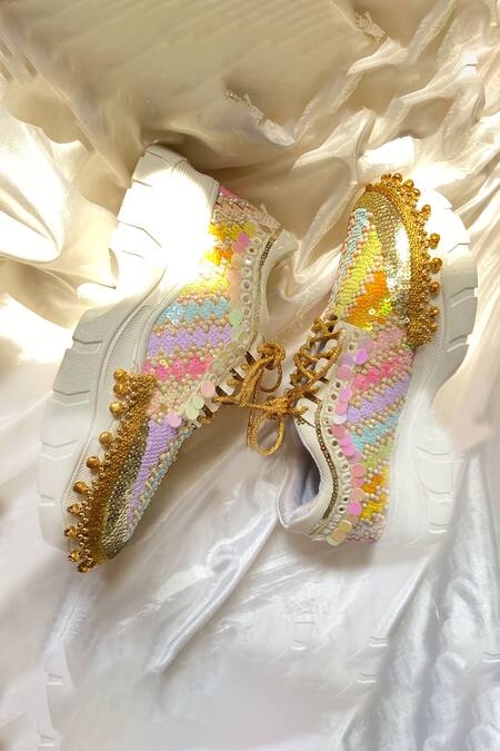 Chal Jooti_Multi Color Dazzling Damsel Rainbow Ghungroo Embellished Wedding Sneakers _Online_at_Aza_Fashions