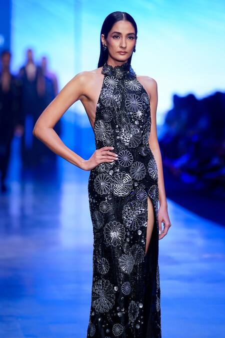 Nachiket Barve_Black Organza, Tussar Beads, Sequins Halter Neck Galaxy Column Gown _Online_at_Aza_Fashions