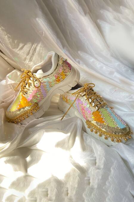 Shop_Chal Jooti_Multi Color Dazzling Damsel Rainbow Ghungroo Embellished Wedding Sneakers _Online_at_Aza_Fashions