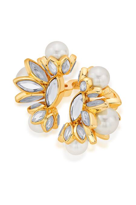 Buy_Isharya_White Japanese Cotton Ball Pearl And Mirror & Cluster Front Open Ring_Online_at_Aza_Fashions