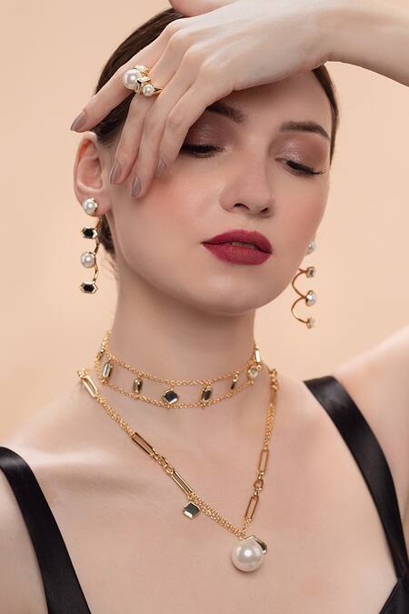 Isharya_White Pearl Amara Mirror Embellished Ring_Online_at_Aza_Fashions