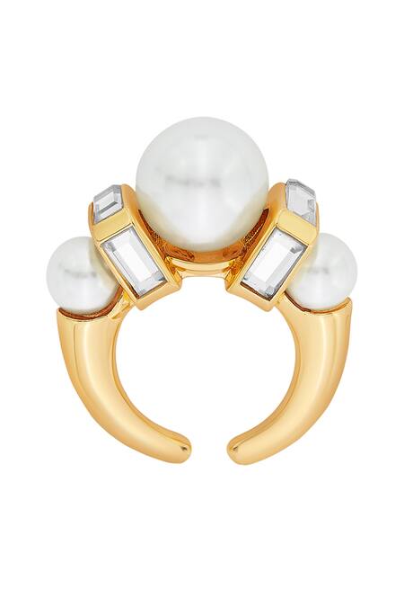 Shop_Isharya_White Pearl Amara Mirror Embellished Ring_Online_at_Aza_Fashions