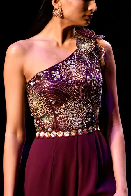 Nachiket Barve_Maroon Organza, Georgette, Satin Embroidery One Shoulder Galaxy Jumpsuit _Online_at_Aza_Fashions