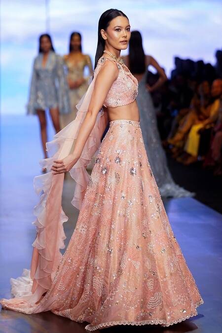 Buy_Nachiket Barve_Pink Organza, Chiffon, Spandex, Tussar Embroidery, Galaxy Lehenga And Blouse Set _Online_at_Aza_Fashions