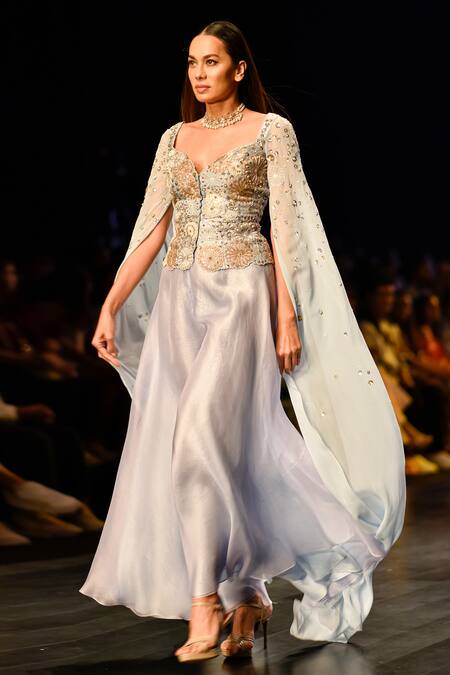 Nachiket Barve_Blue Organza, Georgette Beads, Sequins Celestial Cape Sleeve Top And Sharara Set _Online_at_Aza_Fashions