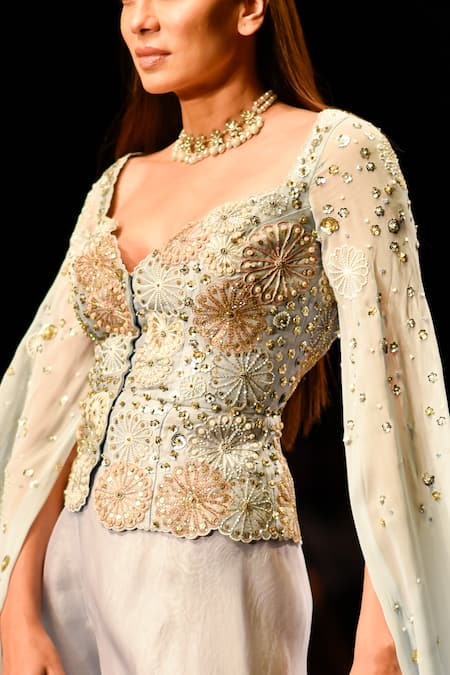 Buy_Nachiket Barve_Blue Organza, Georgette Beads, Sequins Celestial Cape Sleeve Top And Sharara Set _Online_at_Aza_Fashions