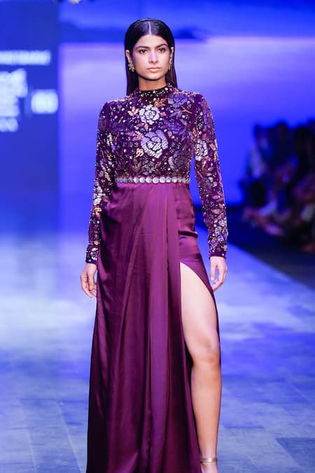 Nachiket Barve_Maroon Velvet, Satin Embroidery, Beads, Sequins Cosmic Gardenia Draped Gown _Online_at_Aza_Fashions