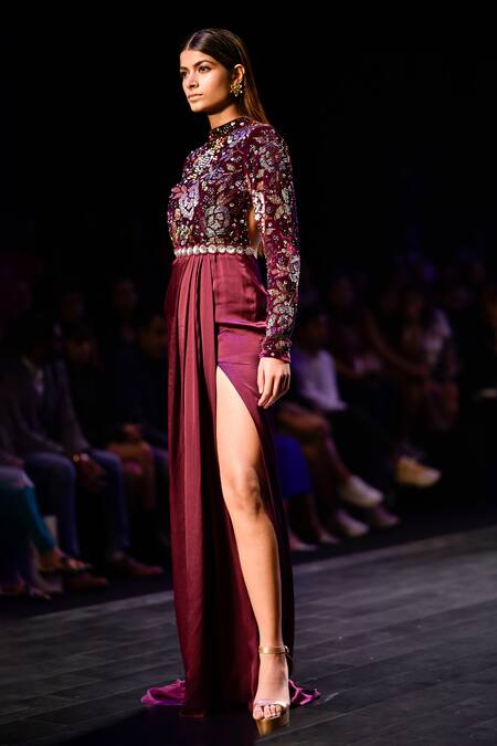 Buy_Nachiket Barve_Maroon Velvet, Satin Embroidery, Beads, Sequins Cosmic Gardenia Draped Gown _Online_at_Aza_Fashions