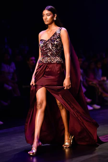 Nachiket Barve_Purple Velvet, Chiffon, Satin Beads, Cosmic Gardenia Blouse And Draped Skirt Set _Online_at_Aza_Fashions
