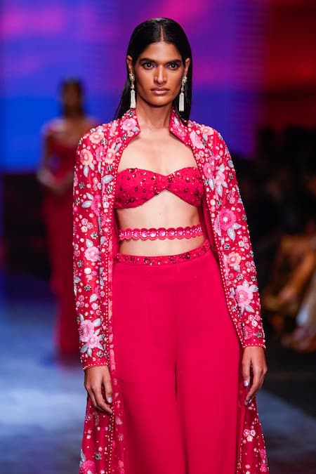 Nachiket Barve Red Georgette, Organza Beads, Embroidery Moonflower Jacket And Trouser Set Online at Aza Fashions Nachiket Barve_Red Georgette, Organza Beads, Embroidery Moonflower Jacket And Trouser Set _Online_at_Aza_Fashions