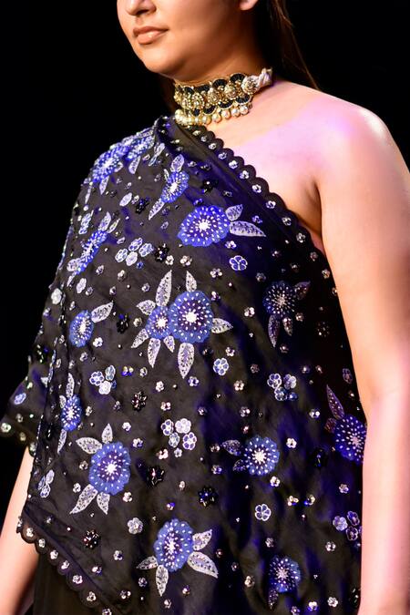 Buy_Nachiket Barve_Black Georgette, Organza Beads, Sequins One Moonflower Cape And Jumpsuit Set _Online_at_Aza_Fashions