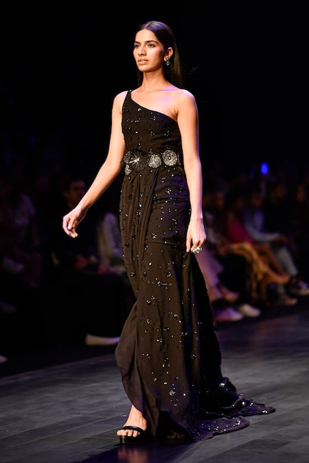 Nachiket Barve_Black Georgette, Linen Sequins, Beads Asymmetric Astral One Shoulder Gown _Online_at_Aza_Fashions