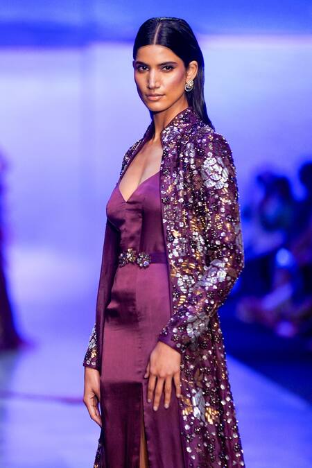 Nachiket Barve_Purple Satin, Organza Beads, Sequins, Cosmic Gardenia Panelled Jacket With Gown _Online_at_Aza_Fashions