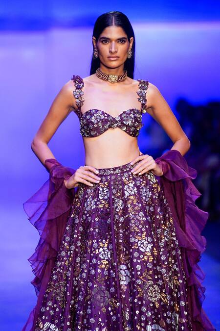 Nachiket Barve_Purple Organza, Viscose, Chiffon Beads, Cosmic Gardenia Embroidered Lehenga Set _Online_at_Aza_Fashions