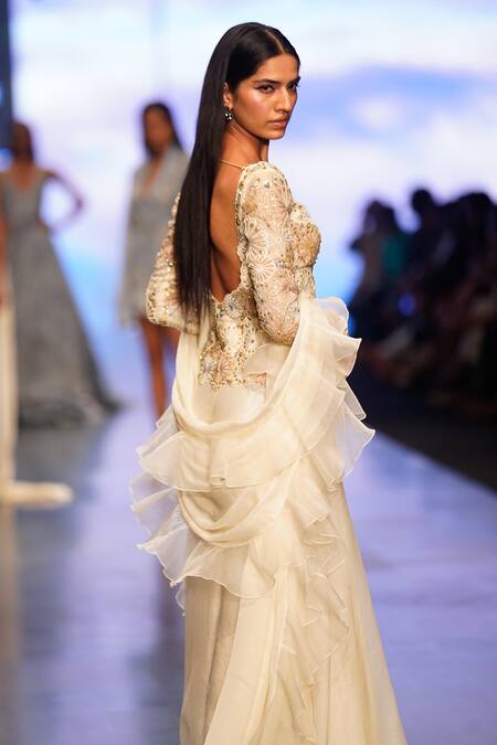 Nachiket Barve Ivory Organza, Tussar, Chiffon Beads Celestial Embroidered Blouse Sharara Set Online at Aza Fashions Nachiket Barve_Ivory Organza, Tussar, Chiffon Beads Celestial Embroidered Blouse Sharara Set _Online_at_Aza_Fashions