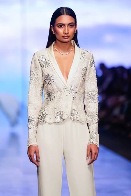 Nachiket Barve_Ivory Organza, Georgette Embroidery Nova Blazer And Pant Set _Online_at_Aza_Fashions