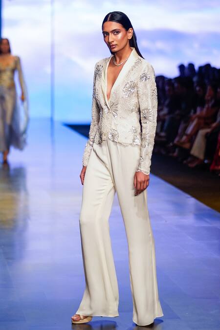 Buy_Nachiket Barve_Ivory Organza, Georgette Embroidery Nova Blazer And Pant Set _Online_at_Aza_Fashions