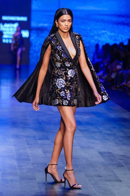 Nachiket Barve_Black Velvet, Tussar Beads, Sequins Shawl Neck Cosmic Gardenia Cape Dress _Online_at_Aza_Fashions