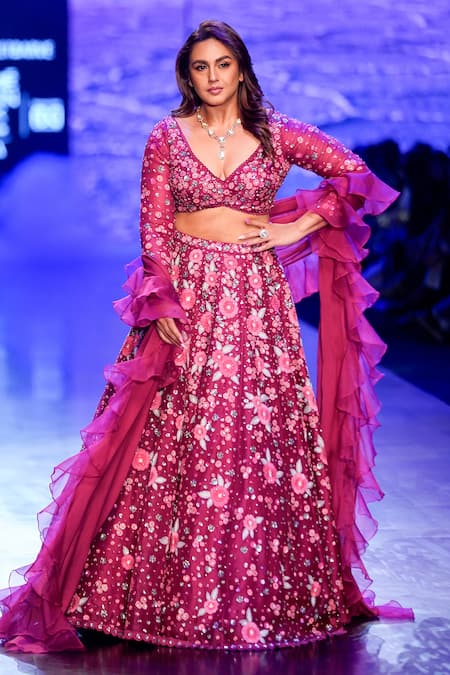 Buy_Nachiket Barve_Magenta Organza, Chiffon, Tussar Embroidery, Moonflower Floral Lehenga Set _Online_at_Aza_Fashions