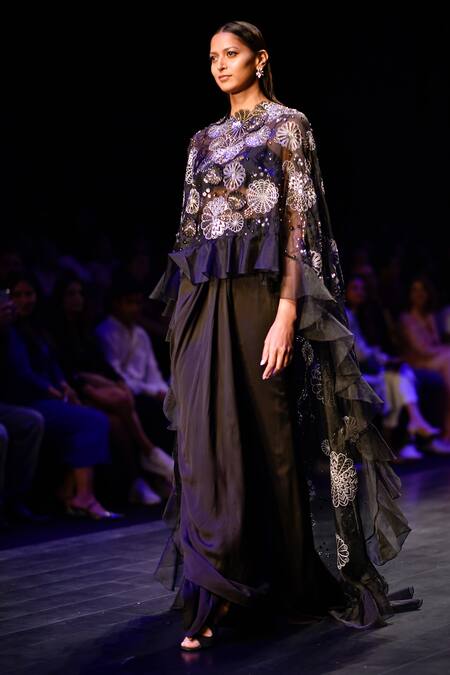 Nachiket Barve_Black Georgette, Satin Embroidery Sweetheart Galaxy Cape And Draped Skirt Set _Online_at_Aza_Fashions