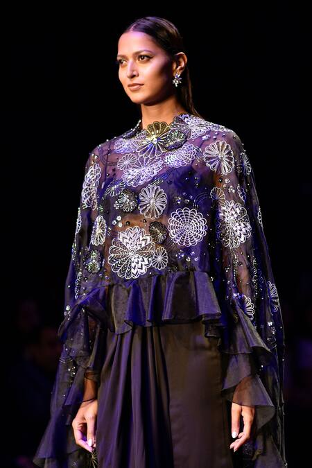 Buy_Nachiket Barve_Black Georgette, Satin Embroidery Sweetheart Galaxy Cape And Draped Skirt Set _Online_at_Aza_Fashions