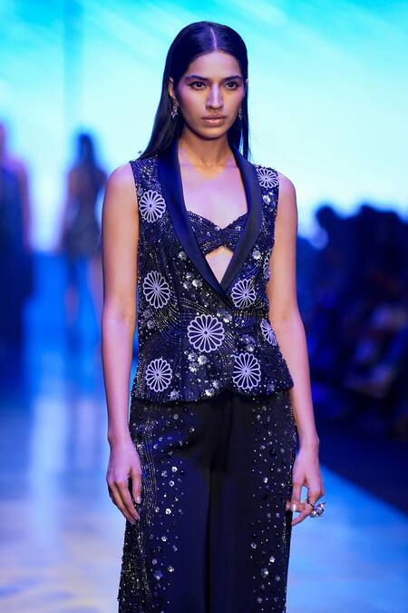 Nachiket Barve_Black Georgette, Organza Sequins, Galaxy Embroidered Gilet And Flared Pant Set _Online_at_Aza_Fashions