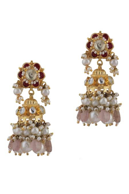 Shop_Riana Jewellery_White Pearls, Diamonds Floral Embellished Choker Set _Online_at_Aza_Fashions