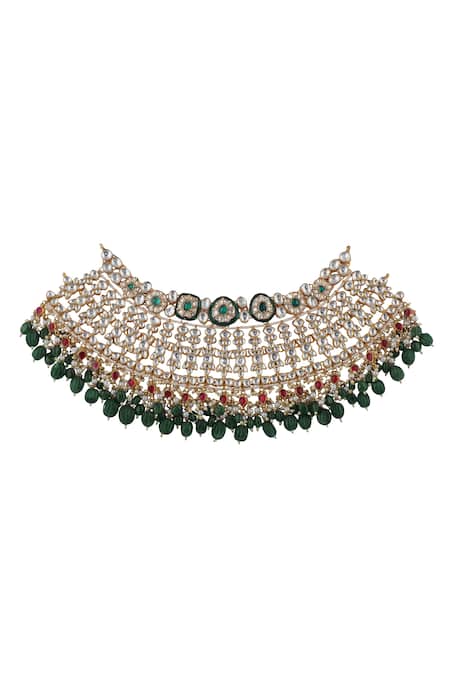 Riana Jewellery_White Pearls, Diamonds, Crystals Jadtar Stone Embellished Choker Set _Online_at_Aza_Fashions