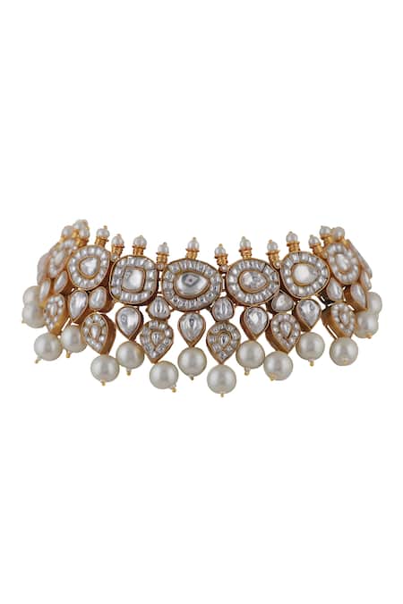 Riana Jewellery_White Pearls, Diamonds Jadtar Choker Set With Drops _Online_at_Aza_Fashions
