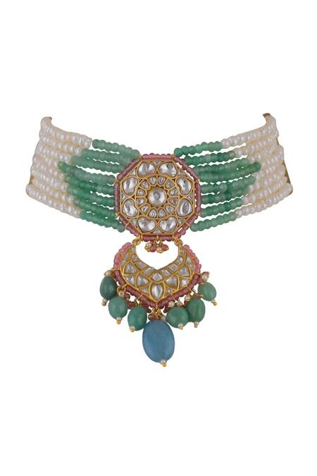 Riana Jewellery_White Pearls, Diamonds, Stones Embellished Chandbali Pendant Drop Choker Set _Online_at_Aza_Fashions