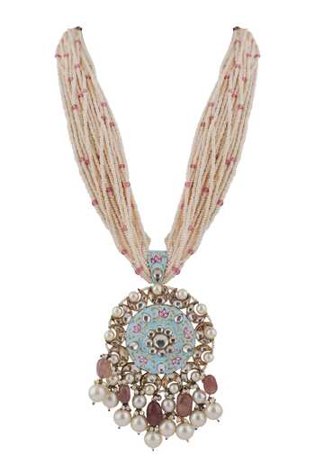 Riana Jewellery_Blue Pearls, Diamonds, Stones Mina Work Pendant Necklace Set _Online_at_Aza_Fashions