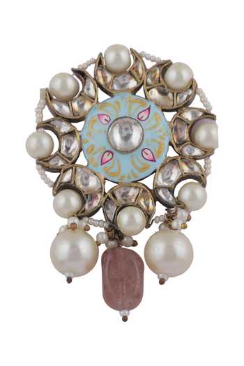 Shop_Riana Jewellery_Blue Pearls, Diamonds, Stones Mina Work Pendant Necklace Set _Online_at_Aza_Fashions