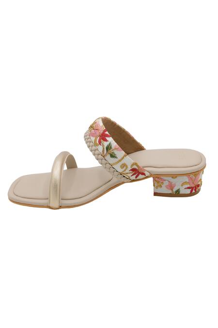 Shop_Veruschka By Payal Kothari_Cream Thread And Gota Embroidered Rabri Heels _Online_at_Aza_Fashions