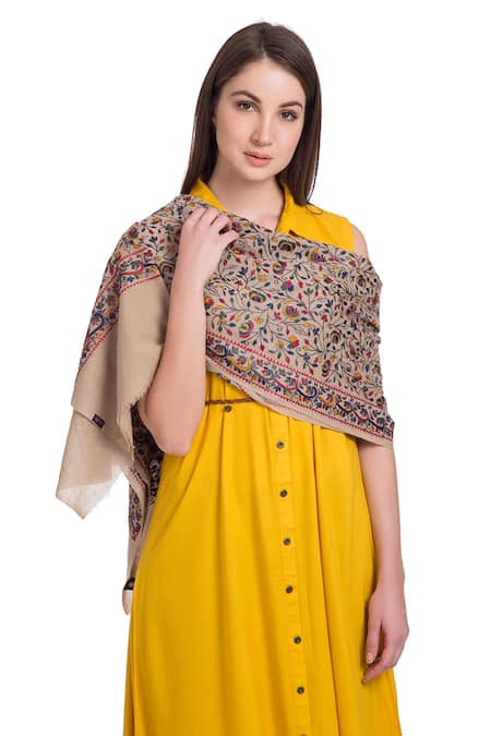 Buy_Shingora_Beige Embroidery Fringe Border Shawl _Online_at_Aza_Fashions