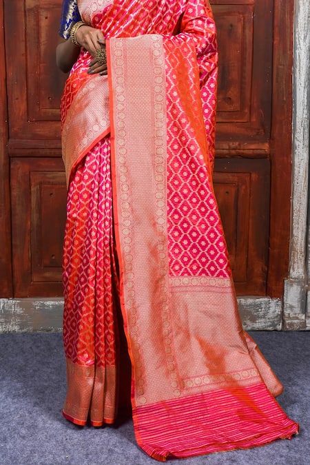 Buy_Naaritva India_Pink Kota Doria Zari Banarasi Dhoop Chaon Saree With Running Blouse _Online_at_Aza_Fashions