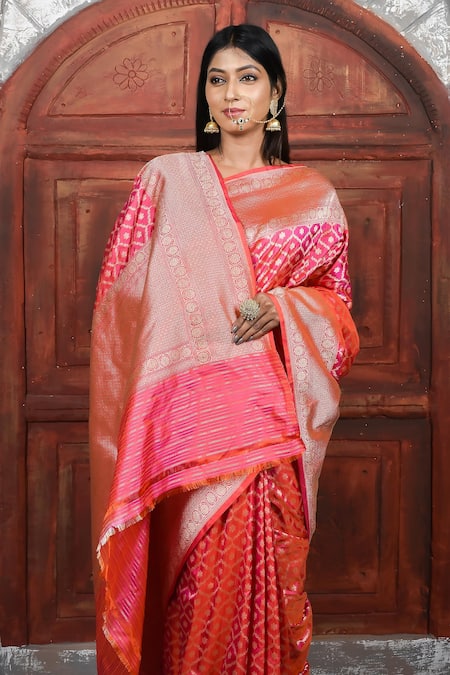 Shop_Naaritva India_Pink Kota Doria Zari Banarasi Dhoop Chaon Saree With Running Blouse _Online_at_Aza_Fashions