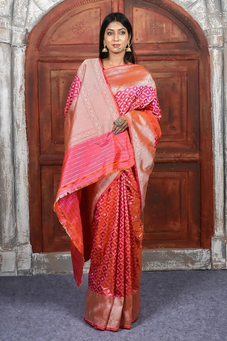 Naaritva India_Pink Kota Doria Zari Banarasi Dhoop Chaon Saree With Running Blouse _at_Aza_Fashions