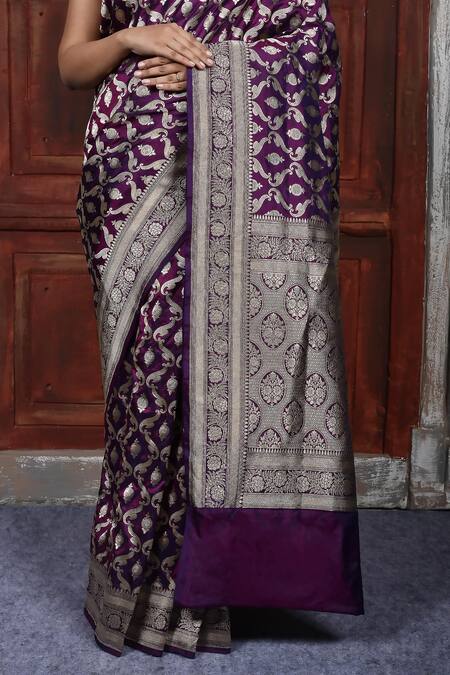 Buy_Naaritva India_Purple Kota Doria Zari Floral Jaal Handwoven Banarasi Saree With Running Blouse _Online_at_Aza_Fashions