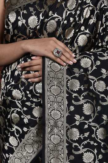 Shop_Naaritva India_Black Silk Zari Banarasi Floral Pattern Handwoven Saree With Running Blouse_Online_at_Aza_Fashions