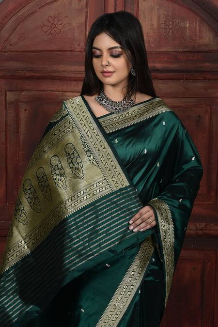 Naaritva India_Green Silk Zari Banarasi Floral Kadhwa Handwoven Saree With Running Blouse _at_Aza_Fashions